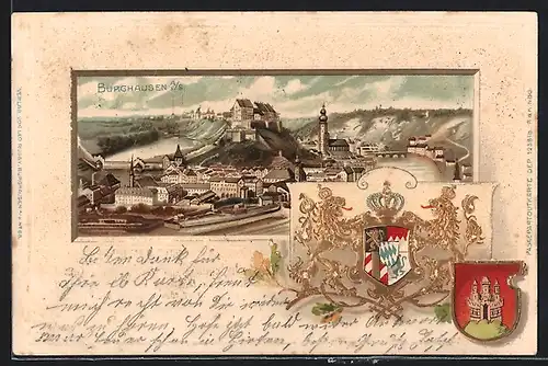 Passepartout-Lithographie Burghausen a. S., Panorama mit Kirche, Wappen