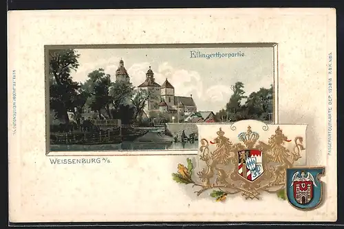 Passepartout-Lithographie Weissenburg / Bayern, Ellingerthorpartie, Wappen