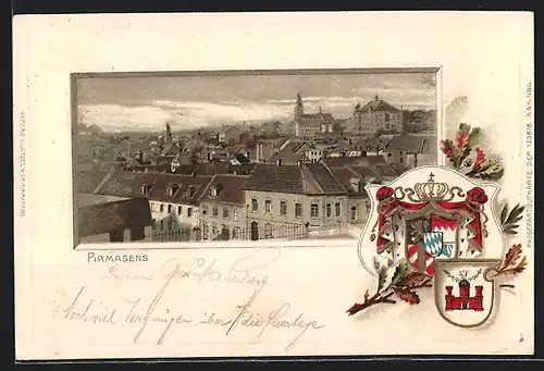 Passepartout-Lithographie Pirmasens, Teilansicht, Wappen