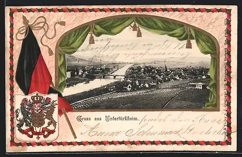 Passepartout-Lithographie Untertürkheim, Ortsansicht aus der Vogelschau, Wappen, Fahne