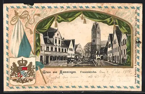 Passepartout-Lithographie Memmingen, Brauerei zum Engel, Frauenkirche, Wappen