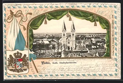 Passepartout-Lithographie Weiden, Kath. Stadtpfarrkirche, Wappen