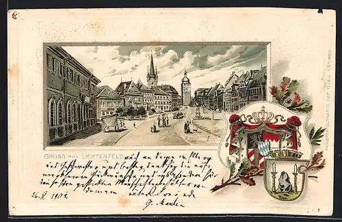 Passepartout-Lithographie Lichtenfels, Ortspartie mit Kirche, Wappen
