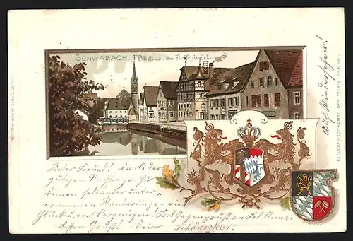 Passepartout-Lithographie Schwabach, Blick von der Fleischbrücke und Wappen