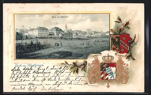 Passepartout-Lithographie Kaufbeuren, Blick vom Bahnhof, Kirche, Wappen