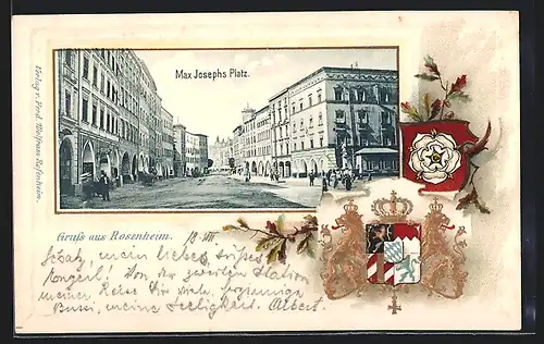 Passepartout-Lithographie Rosenheim, Max Josephs-Platz, Wappen