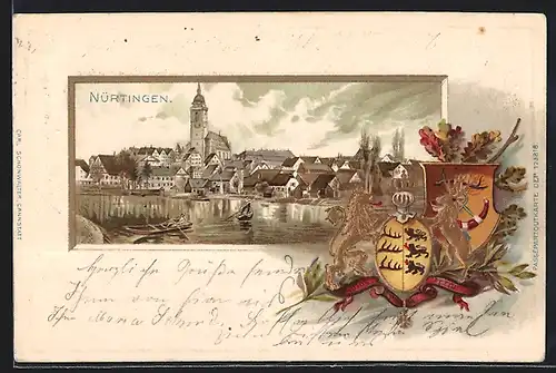 Passepartout-Lithographie Nürtingen, Panorama mit Kirche, Wappen