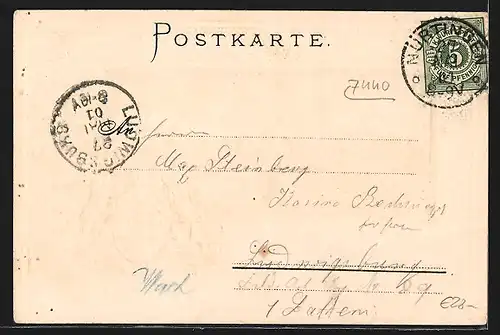 Passepartout-Lithographie Nürtingen, Panorama mit Kirche, Wappen