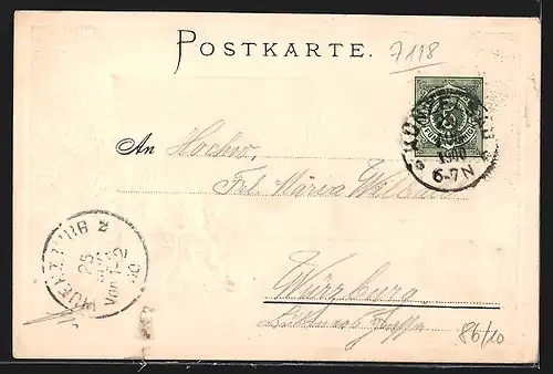 Passepartout-Lithographie Künzelsau, Ortsansicht mit Kirche, Wappen