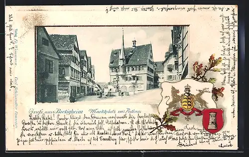 Passepartout-Lithographie Bietigheim, Marktplatz mit Rathaus, Wappen