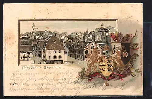 Passepartout-Lithographie Backnang, Ortsansicht mit Kirche, Wappen