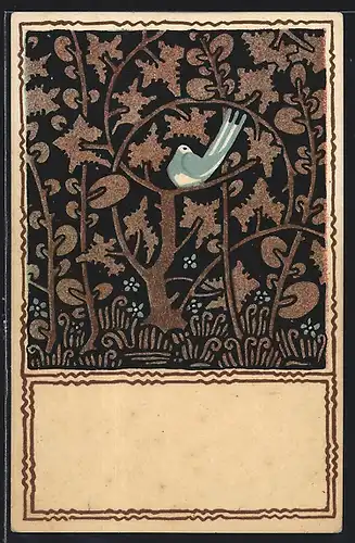 Künstler-AK Ungarische Werkstätte, Vogel in den Zweigen eines Baumes, Jugendstil