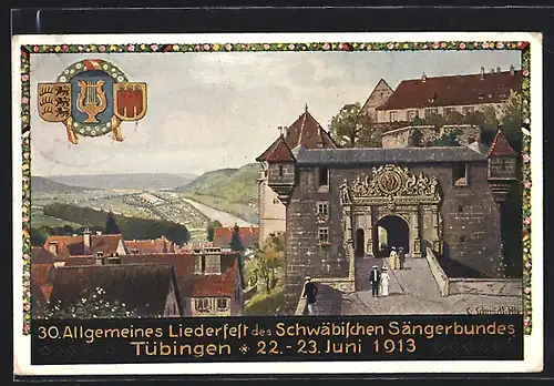 Künstler-AK Ganzsache PP23C25 /02: Tübingen, 30. Allgem. Liederfest 1913, Hofeingang, Harfe