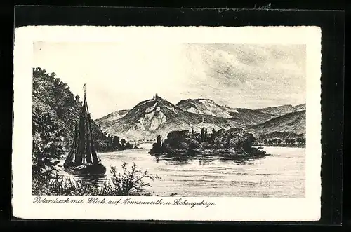 Künstler-AK Rolandseck, Uferpartie mit Blick auf Nonnenwerth und Siebengebirge