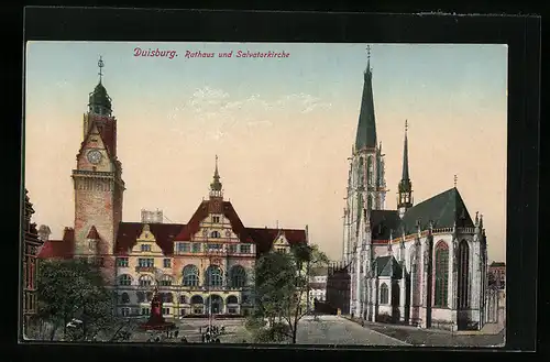 AK Duisburg, Rathaus und Salvatorkirche mit Passanten