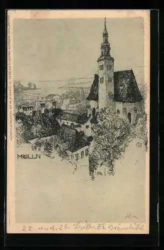 Künstler-AK Muelln, Ortsansicht mit Kirche