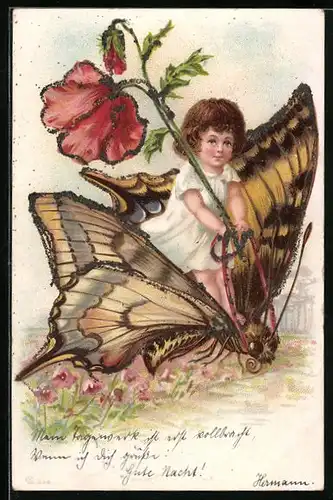 AK Däumling sitzt mit einer Rose auf dem Rücken eines Schmetterlinges, Pfingsten