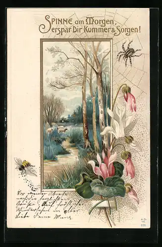 Passepartout-Lithographie Spinne am Morgen, erspare Dir Kummer und Sorgen, Spinne vor Flusslandschaft, Schafe, Biene