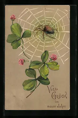 Präge-AK Spinne im Netz, Glücksklee, Neujahrsgruss
