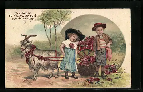 Präge-AK Kleines Paar mit Ziegengespann und Rosen, Geburtstagsgruss
