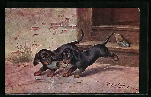 Künstler-AK Zwei Dackel streiten um einen Pantoffel