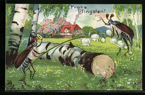 AK Maikäferpaar beim Abschied mit Maiglöckchenzweig, Pfingstgruss
