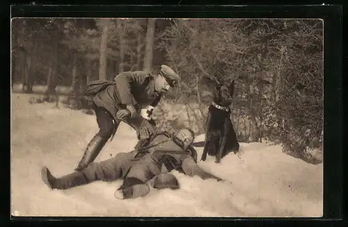 AK Sanitätshund Ago hat einen verwundeten vor dem Erfrieren gerettet, Rot Kreuz Sanitäter hilft Verwundeten Kamerad