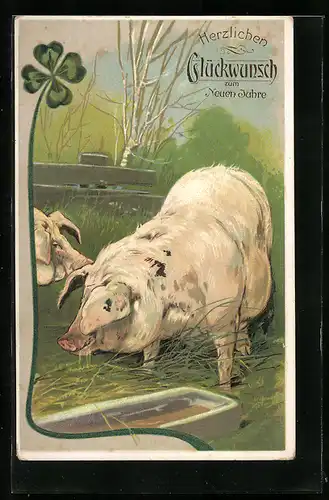 AK Prosit Neujahr, Schwein am Trog