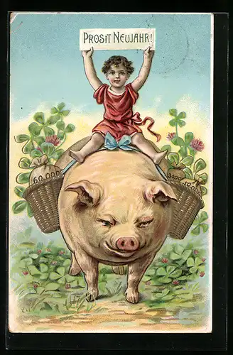 Präge-AK Knabe mit Neujahrsgruss reitet auf einem fetten Schwein