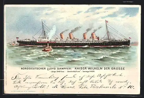 Lithographie Passagierschiff Kaiser Wilhelm der Grosse, Norddeutscher Lloyd, beleuchtete Bullaugen