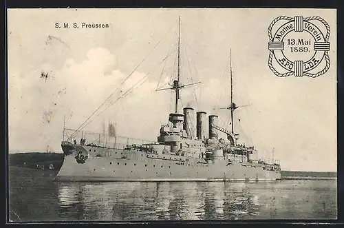 AK Kriegsschiff SMS Preussen vor einer Küste