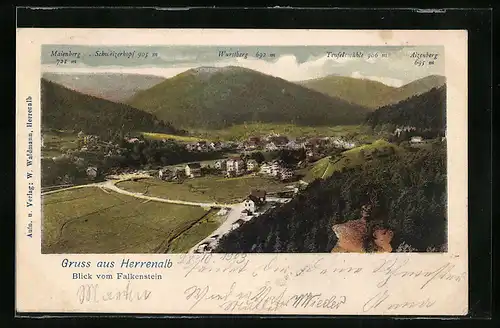 AK Herrenalb, Blick vom Falkenstein auf den Ort mit Wurstberg, Teufelsmühle und Maienberg