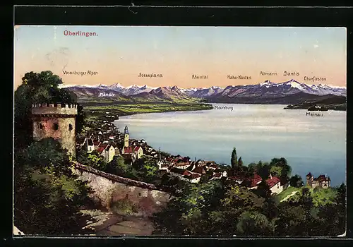 AK Überlingen, Teilansicht mit Altmann, Säntis und Scesaplana