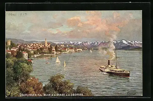 AK Überlingen a. B., Blick auf den Ort u. d. Obersee mit Dampfer