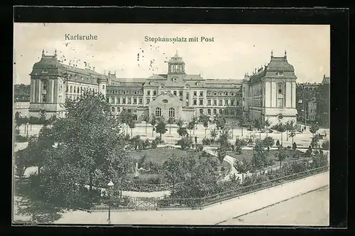 AK Karlsruhe, Stephansplatz mit Post