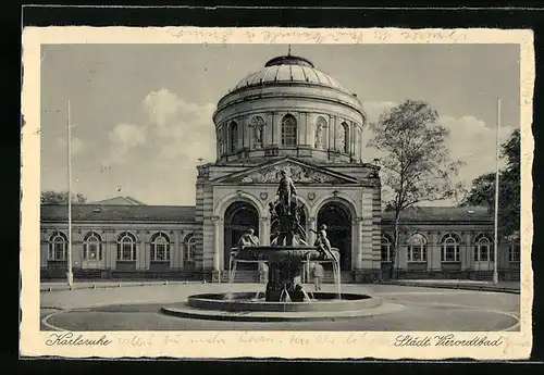 AK Karlsruhe, Städtisches Vierordtbad mit Brunnen