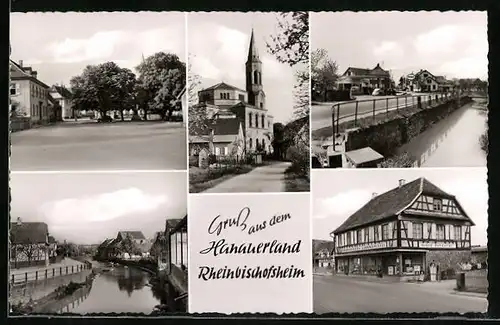 AK Rheinbischofsheim, Eisenhandel u. Lebensmittel Handlung von Rudolf Zumkeller, Kirche, Flusspartie