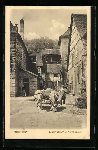 AK Maulbronn, Partie an der Klostermühle, Ochsenkarren