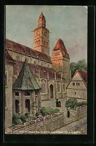 Künstler-AK Überlingen, St. Nicolausmünster m. Ölberg