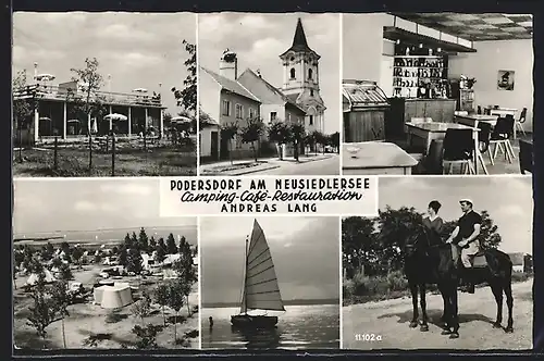 AK Podersdorf am Neusiedlersee, Camping-Cafe Andreas Lang, Kirche und Strandansicht