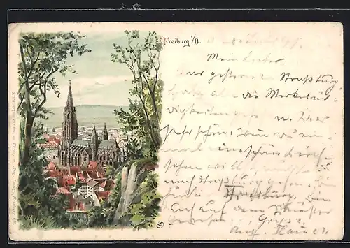 Lithographie Freiburg i. B., Teilansicht mit Kirche