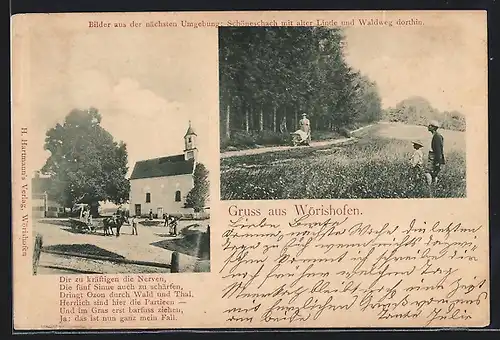 AK Wörishofen, Kirche, Schöneschach mit alter Linde und Waldweg dorthin
