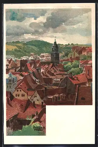 Lithographie Meissen, Ortsansicht aus der Vogelschau