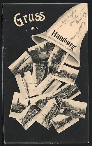 AK Hamburg, Bahnhof, Schiff und Brücke in einer Glocke