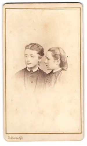 Fotografie Fr. Brandseph, Stuttgart, Zwei junge Damen in dunklen Kleidern mit Broschen und langen Ketten