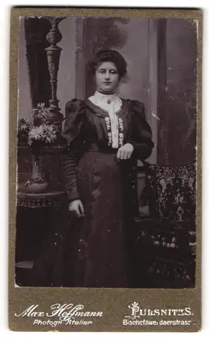 Fotografie Max Hoffmann, Pulsnitz, Bischofswerdaerstr., Dame in dunklem Kleid mit hohem weissen Kragen und Brosche