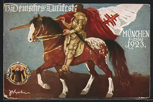 Künstler-AK München, 13. Deutsches Turnfest 1923, Ritter auf Pferd mit Flagge