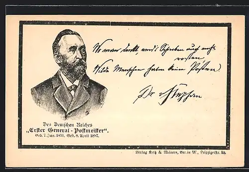 Lithographie Portrait H. von Stephan, Erster General-Postmeister