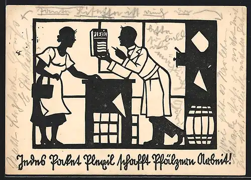 Künstler-AK Herr verkauft einer Dame Plexil, Reklame