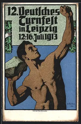 AK Leipzig, 12. Deutsches Turnfest, 1913, Der Steinstösser, Mann mit freiem Oberkörper in Pose mit Stein